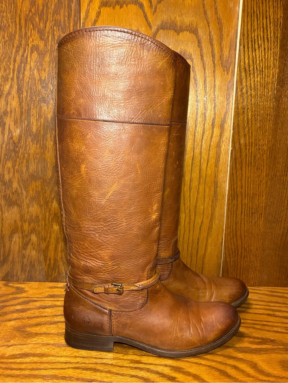 Frye Melissa Seam Belted Trapunto Made in Mexico Cognac Leather Riding Boots 8